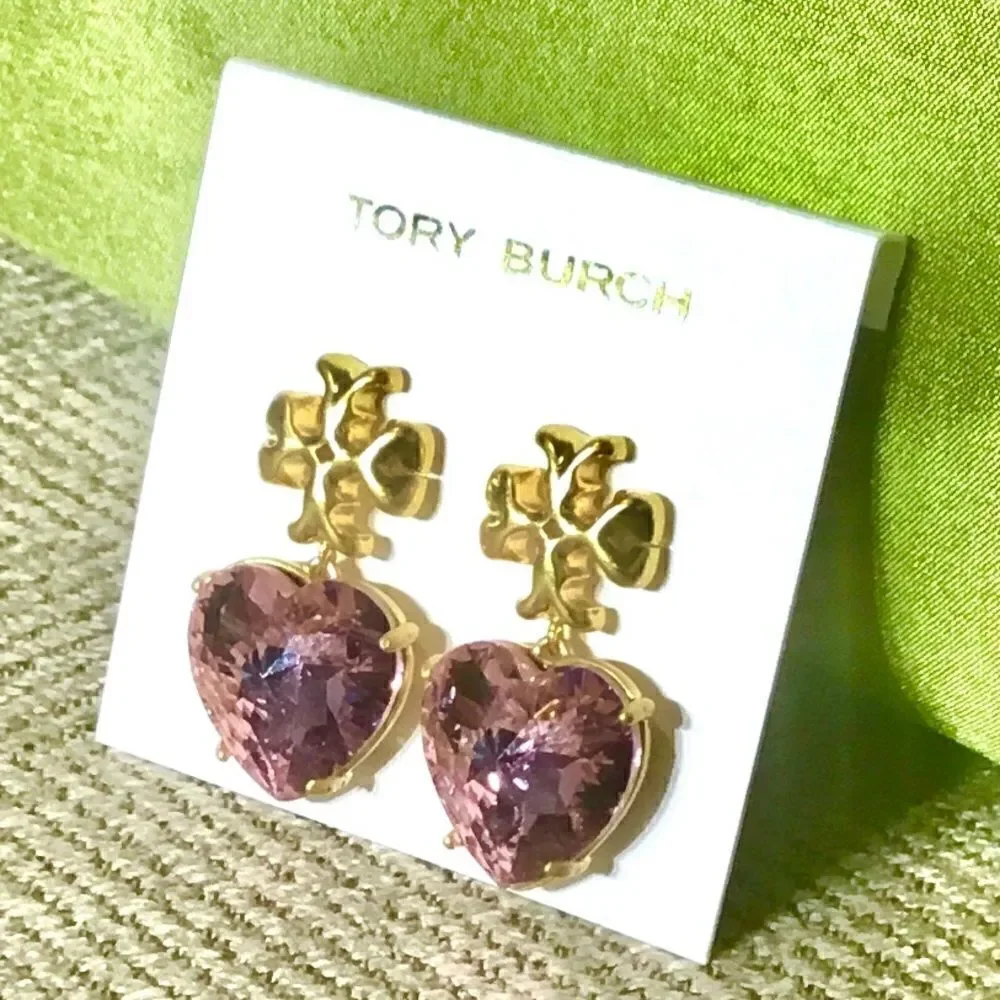 TORY BURCH ROXANNE PINK HEART CRYSTAL DIAMOND EARRINGS